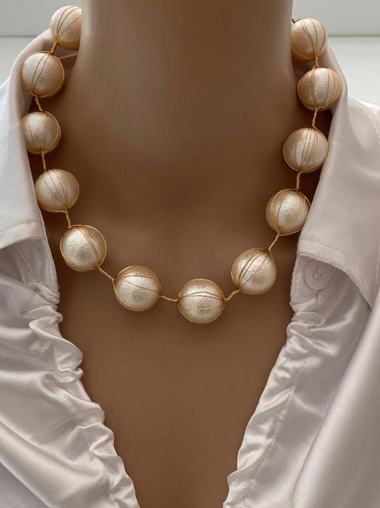 Elegant Gold-Toned Textured Pearl Necklace